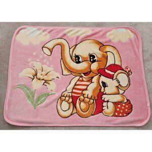 VTG Pink Blanket Elephant Watering Flower Mouse Throw Lap Acrylic Brown Red